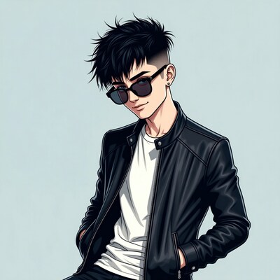 Anime guy in leather jacket and sunglasses