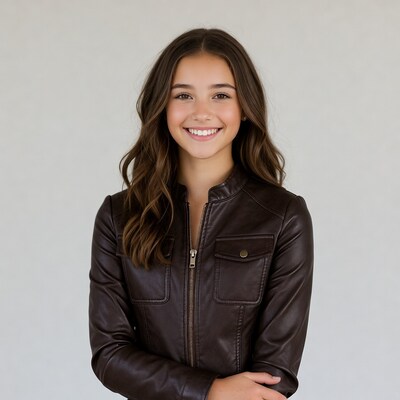 Smiling girl in brown leather jacket