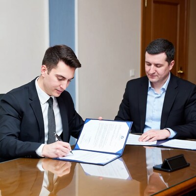 Two men signing contract at office desk