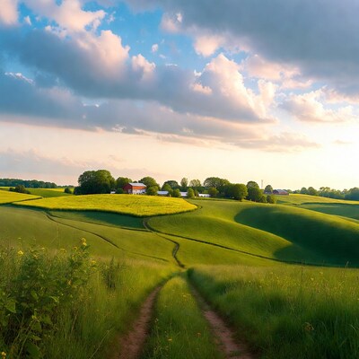 Rolling Green Fields with Red Barn