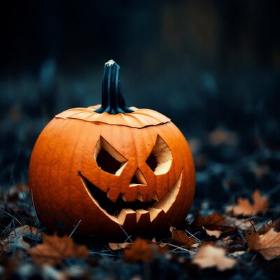 Jack-o'-lantern on autumn leaves