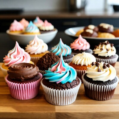 Colorful Cupcakes on Wooden Board