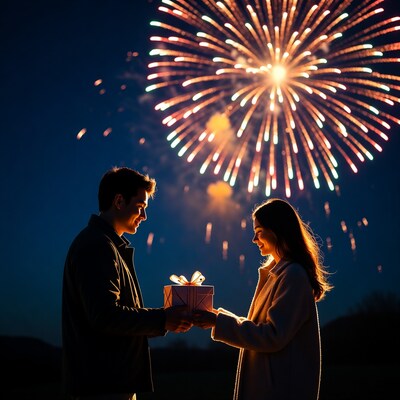 Couple exchanging gift under fireworks