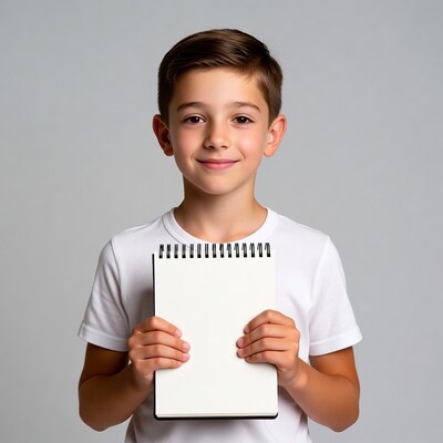 Boy holding blank notebook