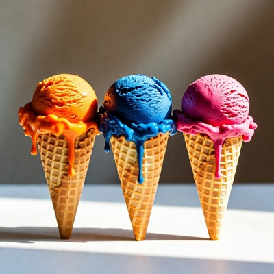 Three Colorful Melting Ice Cream Cones