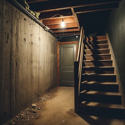 Empty unfinished basement with stairs