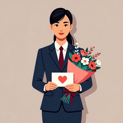 Asian woman in suit holding flowers