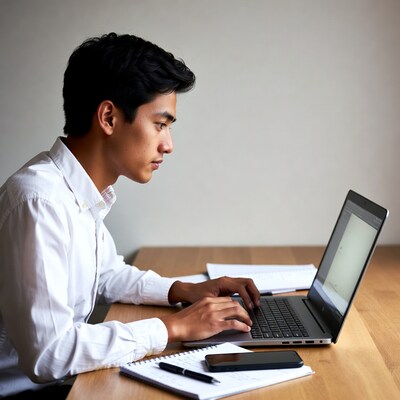Asian man typing on laptop