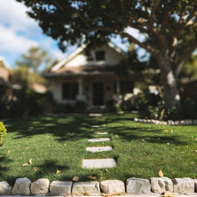 White house with stone path in yard