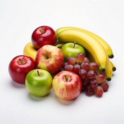 Fresh apples bananas grapes pile