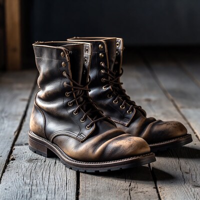 Distressed leather combat boots on wood