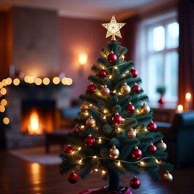 Small lit Christmas tree by fireplace