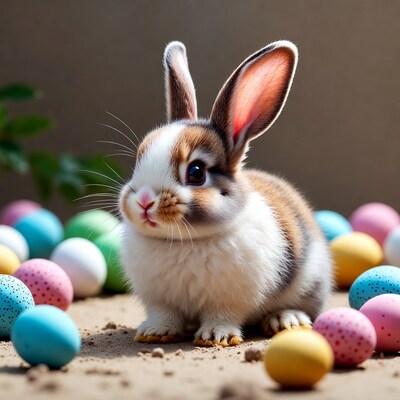 Cute bunny surrounded by Easter eggs