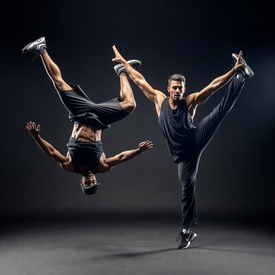 Two men performing dynamic dance poses