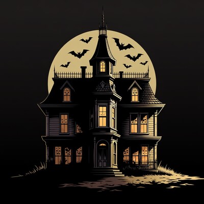 Haunted House with Bats and Moon