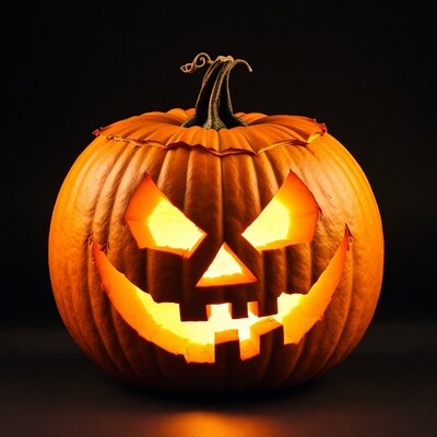 Lit Jack-o'-lantern Pumpkin on Black Background
