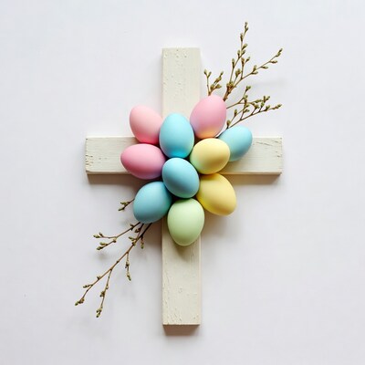 Colorful Easter Eggs on Wooden Cross