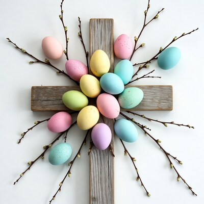 Colorful Easter Eggs on Wooden Cross