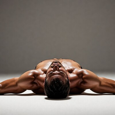 Muscular man lying shirtless on floor