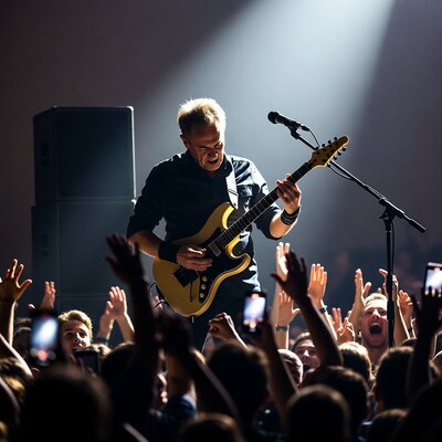 Man playing yellow guitar on stage