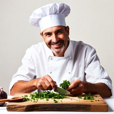 Chef chopping parsley on wooden board