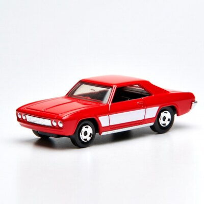 Red muscle car toy on white background