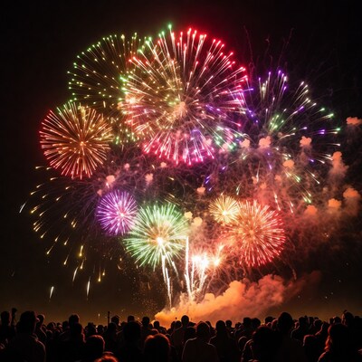 Colorful Fireworks Over Crowd