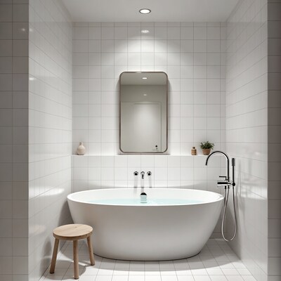 White Freestanding Bathtub in Tiled Bathroom