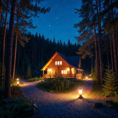 Log Cabin in Forest at Night