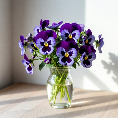 Purple Pansies in Glass Vase