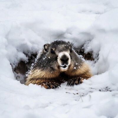Groundhog peeking from snow burrow