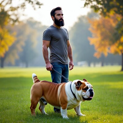 Bearded man walking bulldog in park