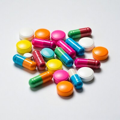 Colorful pills and capsules scattered