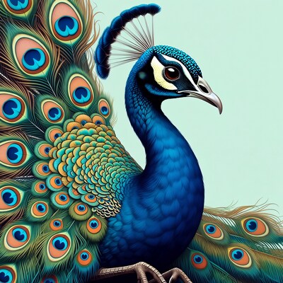 Blue peacock with colorful tail feathers