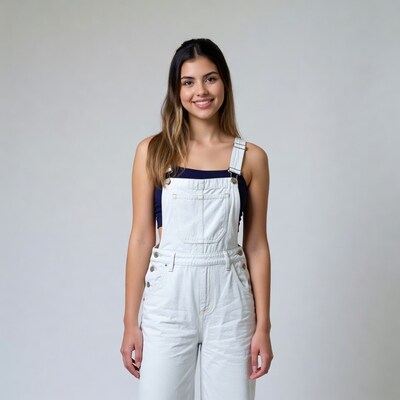 Smiling woman in white overalls
