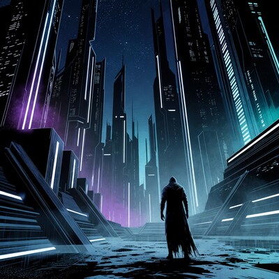 Hooded Man in Neon Cyberpunk City
