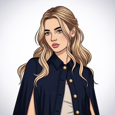 Blonde woman in navy cape