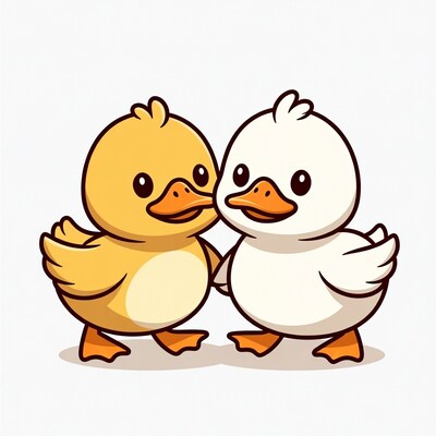 Cute yellow and white ducks hugging