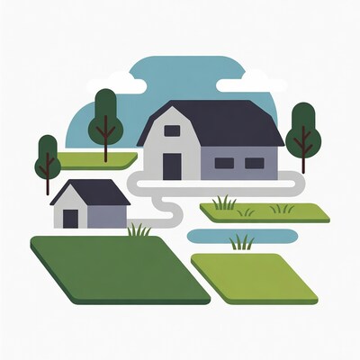 Farm Barn with Houses and Fields