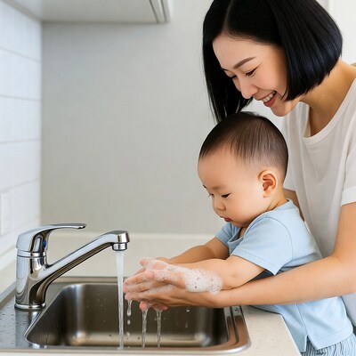 Asian mother teaching baby to wash hands