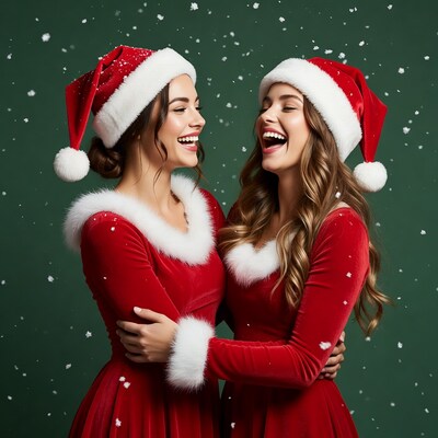 Two women hugging in Santa dresses
