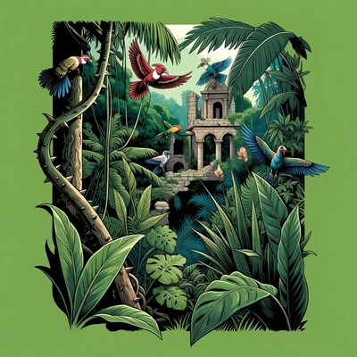 Jungle Birds Over Ancient Ruins