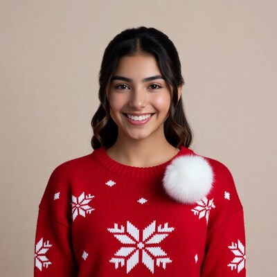 Smiling woman in red Christmas sweater