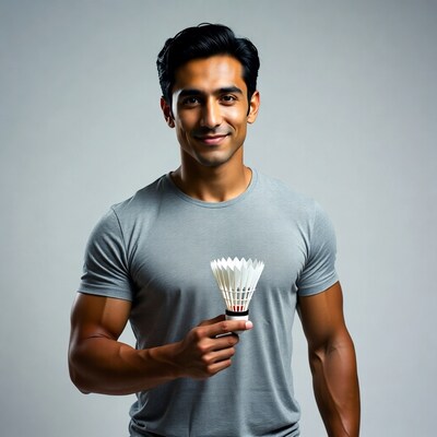 Muscular man holding badminton shuttlecock