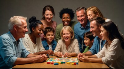 Diverse family playing Jenga game