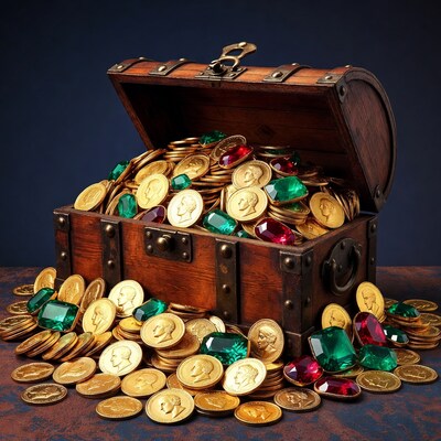 Open Treasure Chest with Gold Coins and Gems