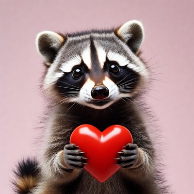 Raccoon holding red heart