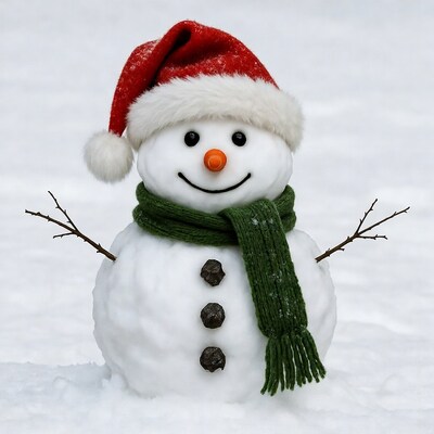 Snowman wearing red hat and green scarf