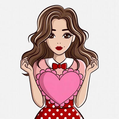 Cartoon woman holding pink heart