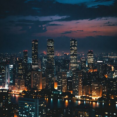 Shanghai skyline at twilight over river